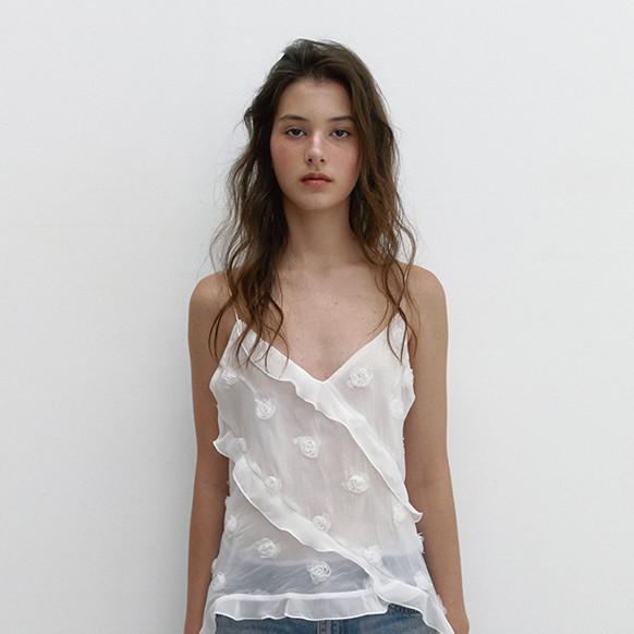 FLOWER CHIFFON RUFFLE BLOUSE (WHITE)