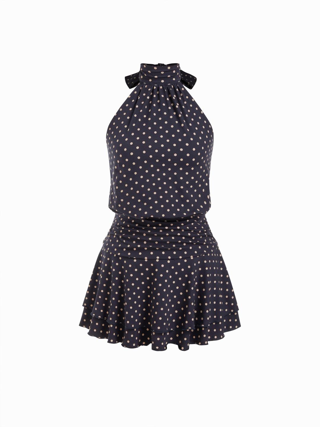 Chiffon Polka Dot Halter Neckline Ruffled Tie Back Mini Dress