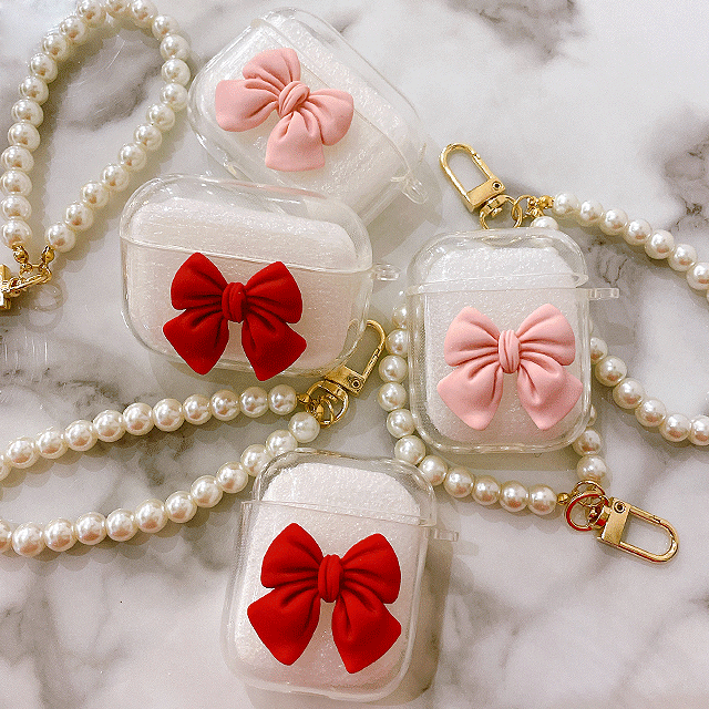 [공쥬감성/진주키링세트/1+1할인] 리본 에어팟 케이스+진주키링set [에어팟프로,에어팟1,2세대,반투명케이스,백설공주,베이비핑크,레드,왕리본,예쁜,귀여운,유니크,러블리,공주템]