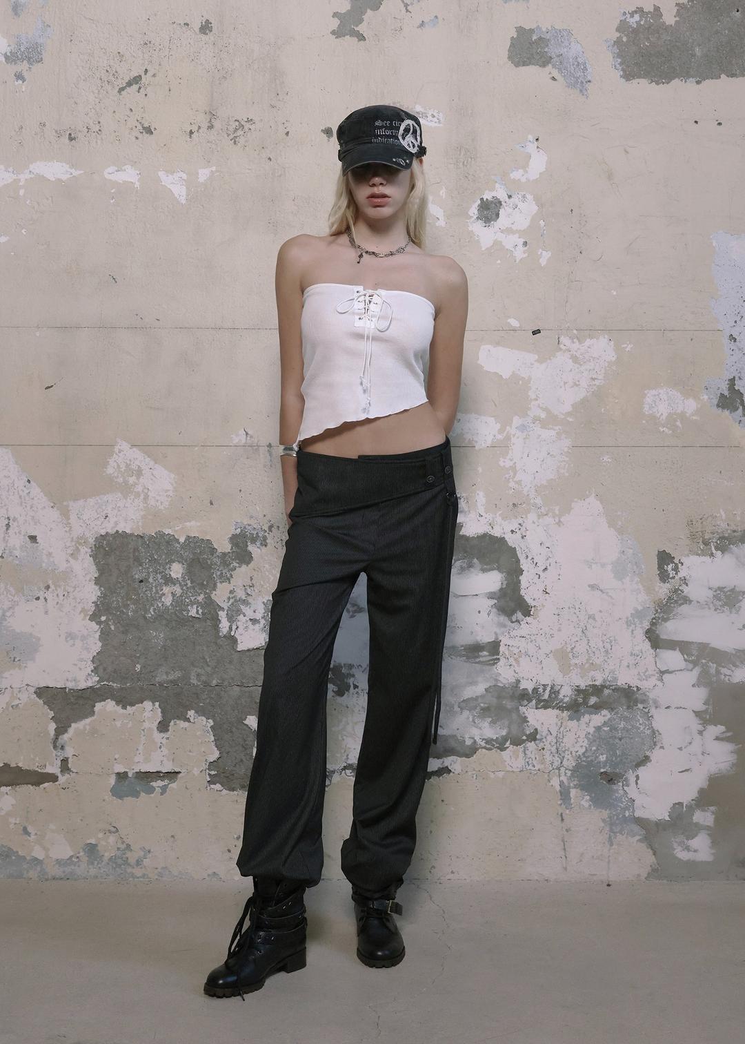 CURVED WRAP PIN STRIPE WIDE SLACKS, BLACK
