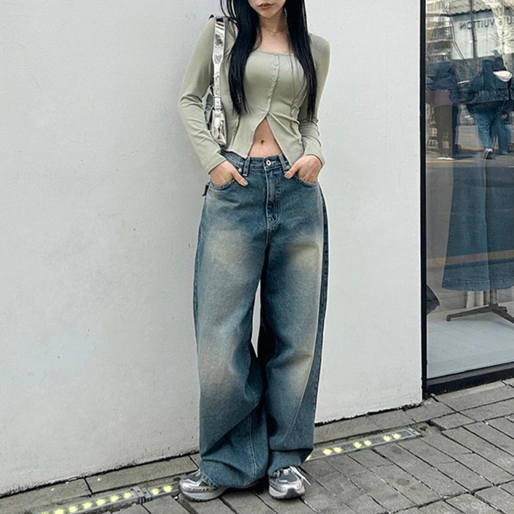 [카리나바지] 워싱 데님 와이드 백포켓 롱팬츠 국내제작 OOTJ 오오티제이 0081