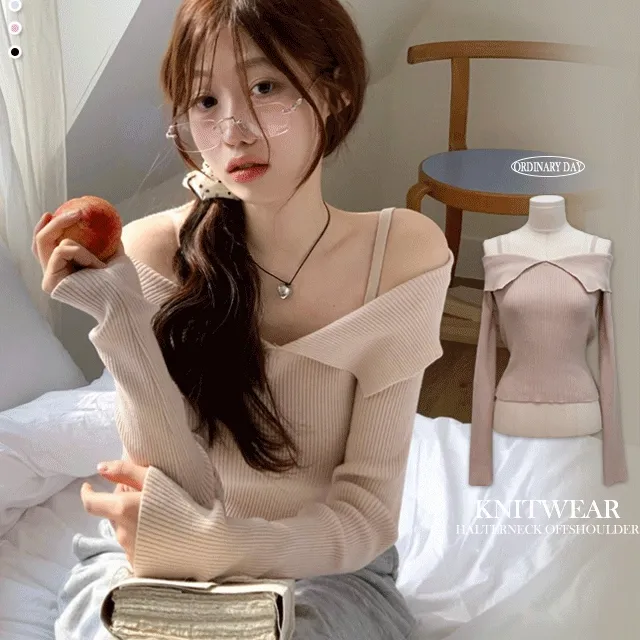 [흘러내림x/부드러워요]하즈 숄더 스트랩 오프숄더 여리핏 글램 롱슬리브 골지 니트 5color