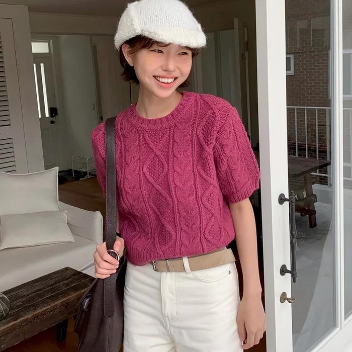 A HALF SLEEVE CABLE KNIT_BURGUNDY