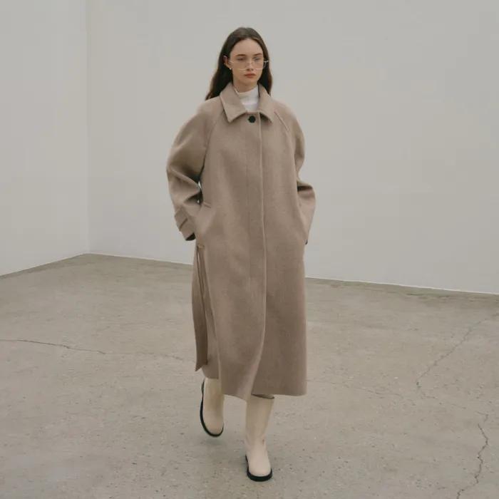 NOIR Cashmere Belted Balmacaan Merino Wool Coat_Oatmeal
