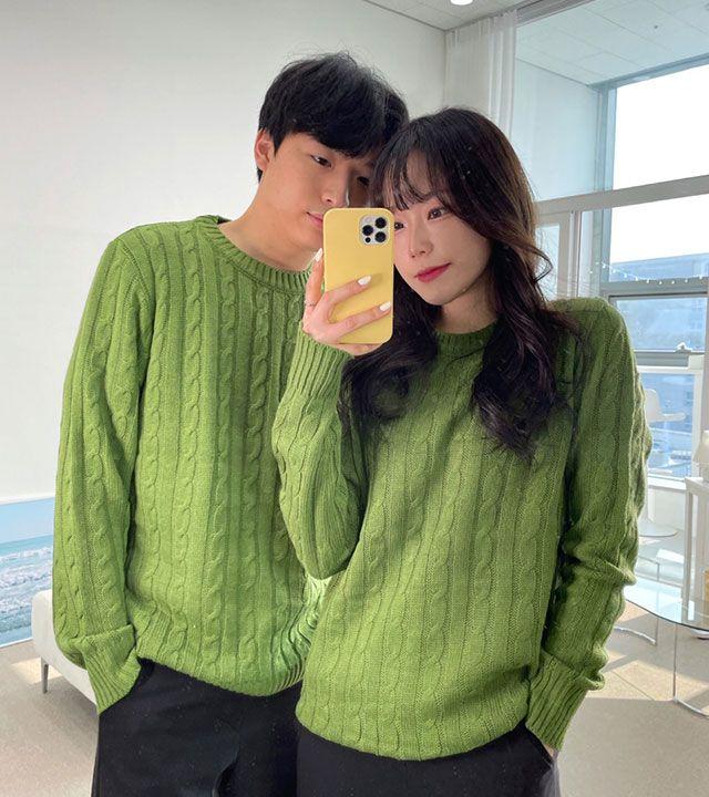 커플룩 강추!! [무려11컬러/M~XL] 꽈배기니트 긴팔 라운드넥 오버핏 골지 니트 케이블니트 봄니트 남녀공용 커플 시밀러룩 커플티 커플니트 커플템 주황