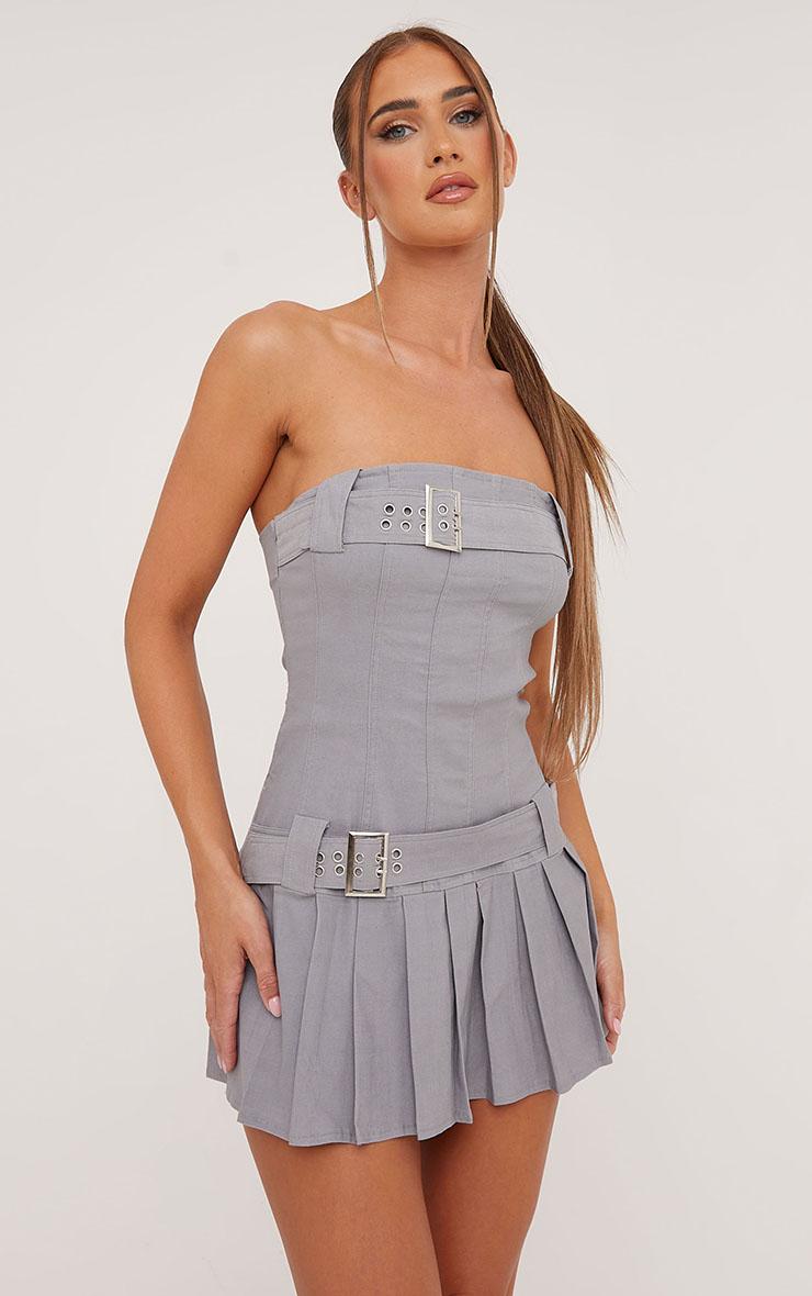 Bandeau Buckle Detail Pleated Mini Dress In Grey Woven