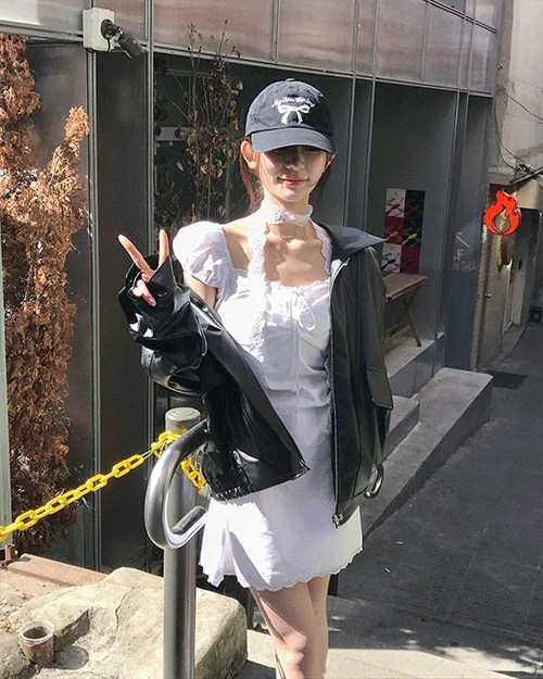 [ 여친룩🤍 ]  파인 코튼 스퀘어 미니 퍼프 OPS ( 레이스 타이 SET )