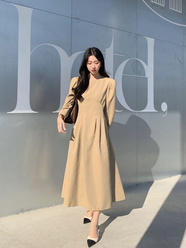 [ 44~88까지/ 도톰, 데이트룩] 디오 퍼프 롱원피스 핀턱 A라인 롱ops 하객룩 _데이지멜로우