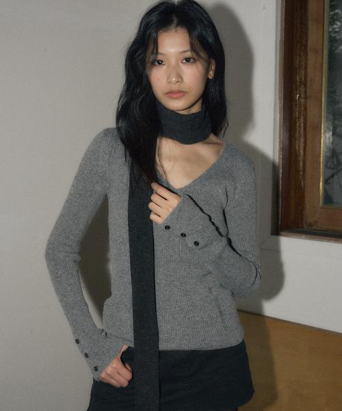 데미지드 브이넥 리브드 니트 [멜란지]