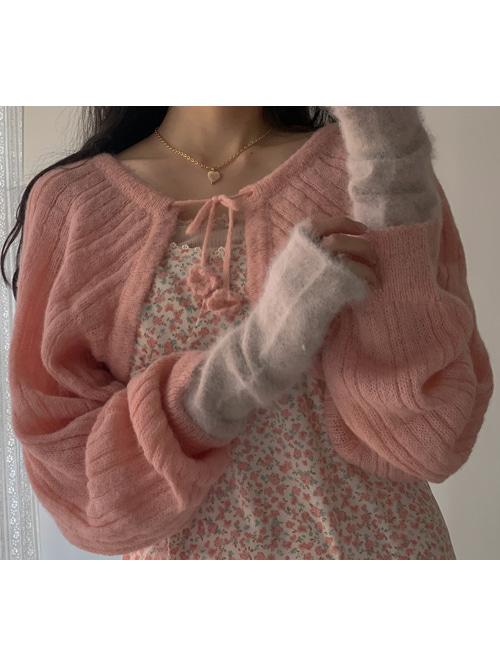FLOWER RIBBON STRAP CROP BOLERO CARDIGAN(IVORY, PINK, SKYBLUE 3COLORS!)