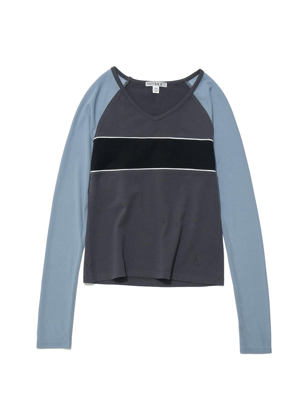 [WOMEN] V-NECK MULTI COMBI LONG SLEEVE TEE_CHARCOAL