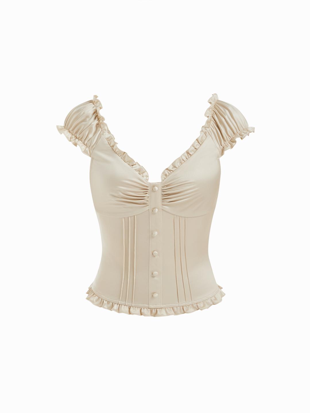 Satin Sweetheart Ruffle Sleeve Button Front Slim Top