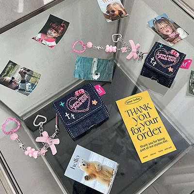 💙Y2K/진청/키치🎀 큐링데님에어팟케이스 키링에어팟케이스 발레코어 키치아이템 힙스타일 캐쥬얼 스트릿 에어팟프로2 인싸템 데님 패브릭에어팟케이스 신상 우정템 친구선물 스냅버튼