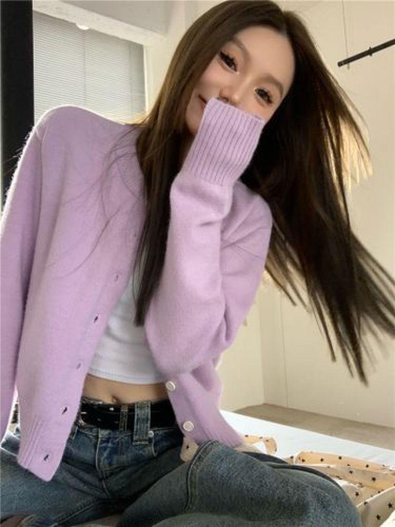 여성 무자 라운드 단추 연보라 연베이지 니트가디건 클래식 올드머니룩