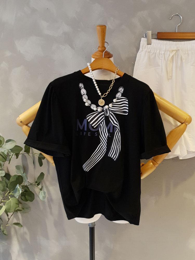 [무료배송] 리본봉 루즈핏 보들 실켓 진주반팔티