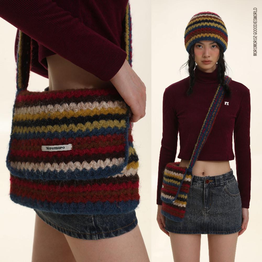 MOROMORO2 모로모로2 가방 니트 크로스백 레트로 스트라이프 뜨개질 가방