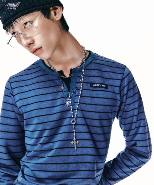 Binary Stripe Henley Neck T-shirt_[Blue]
