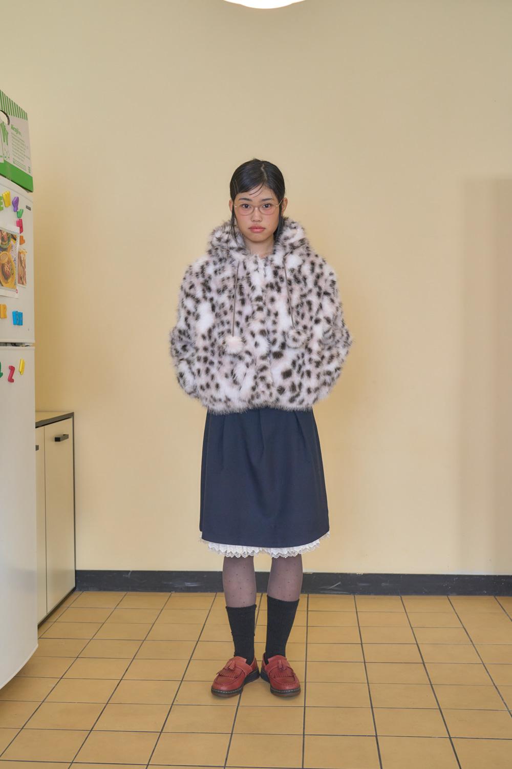 SHAKIRI POMPOM HOOD FUR JACKET (LEOPARD)