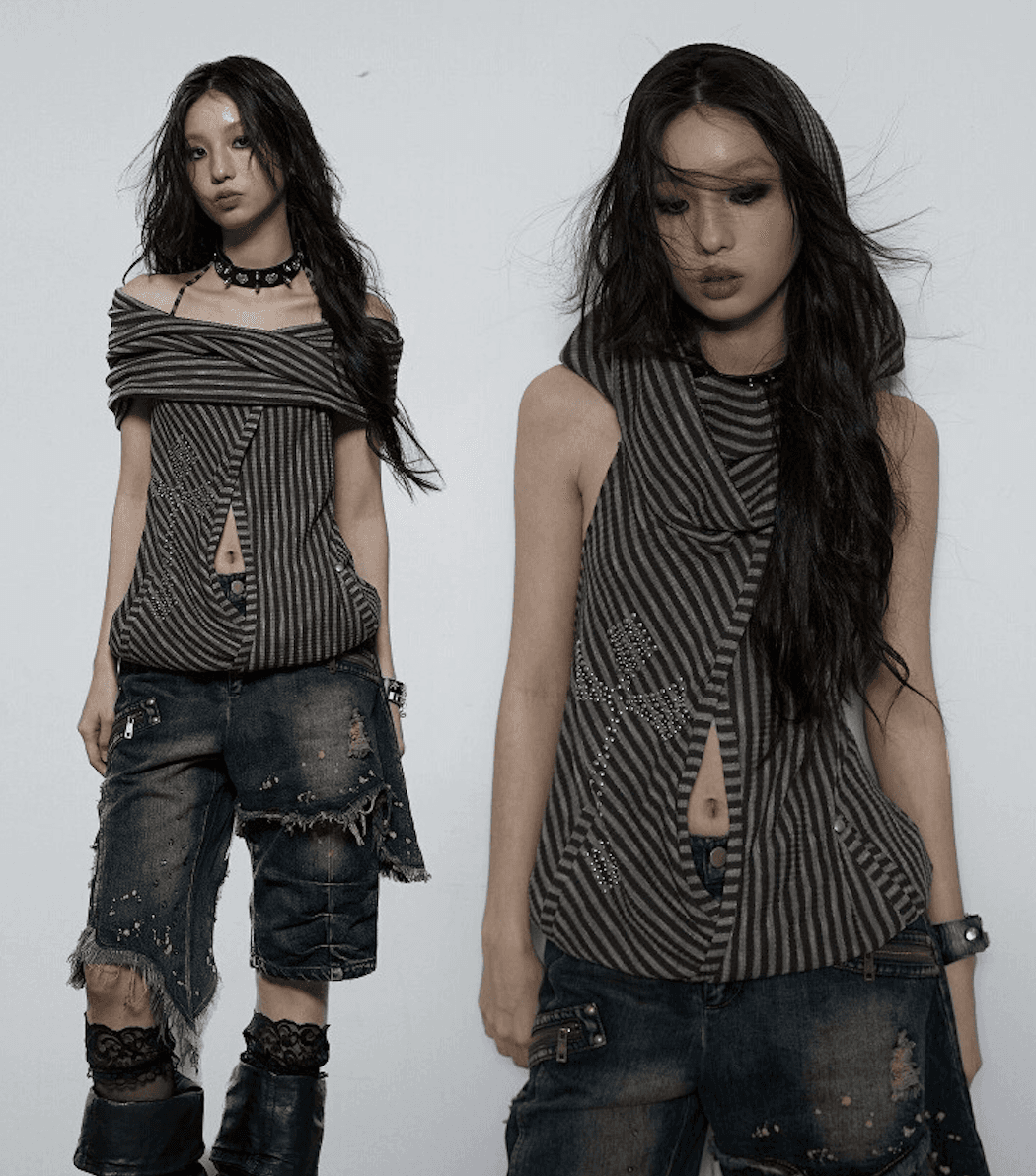 NO ROMANCE 노로맨스 숄더 넥 오픈백 등파임 후드 베스트 오프숄더 유니크 민소매 후드나시