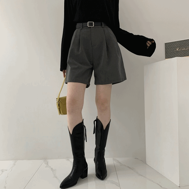 [당일출고/벨트세트/가격실화?] 핀턱 4부 뒷밴딩 슬랙스 숏 팬츠 벨트 반바지