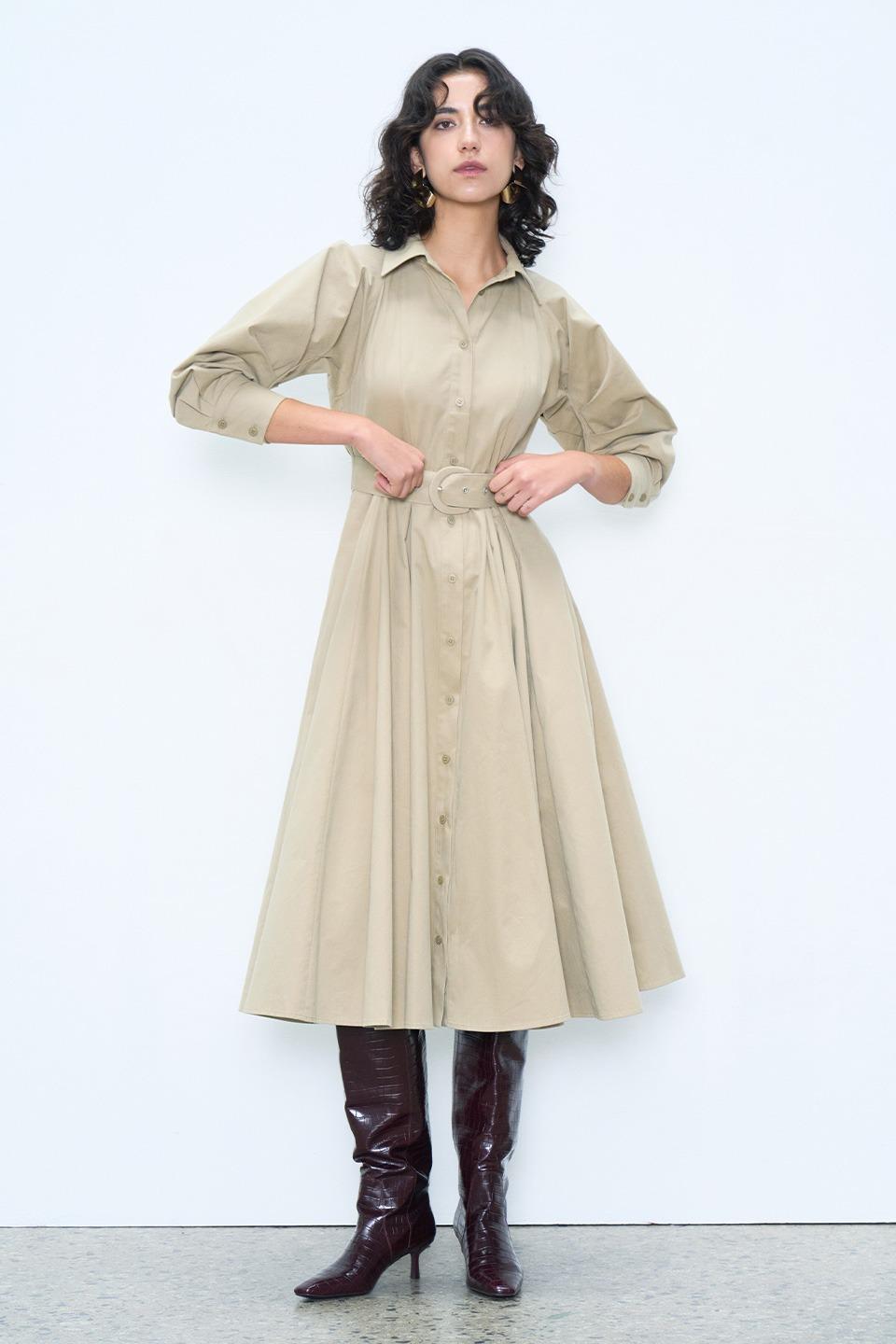 Curve short sleeves shirt dress - beige