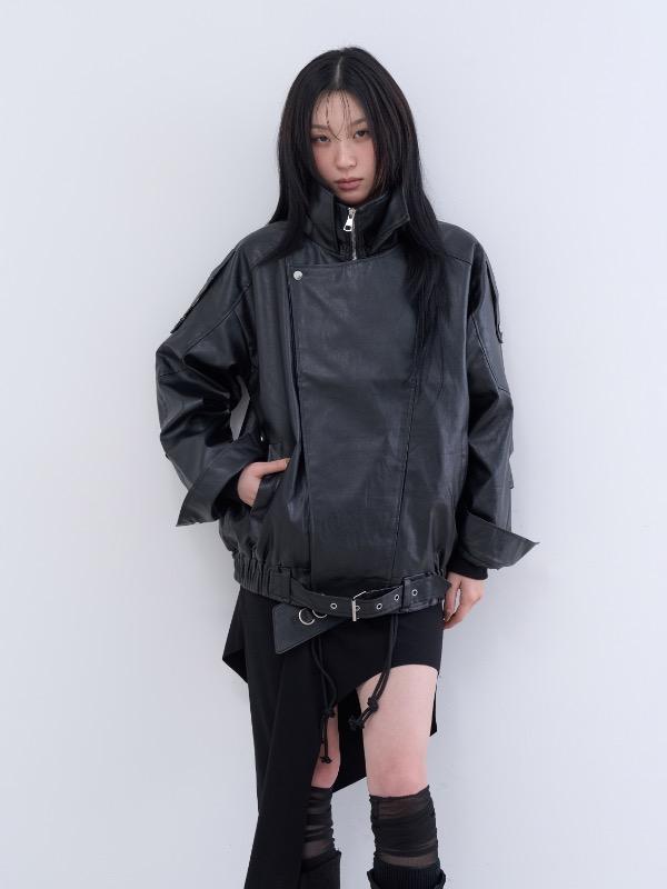 rugged belt leather rider jacket