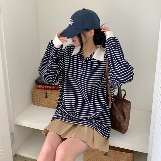 조이조이 [간절기/럭비티👕] 플라이크 빈티지 스트라이프 오버핏 단추 단가라 맨투맨 긴팔 카라 티셔츠