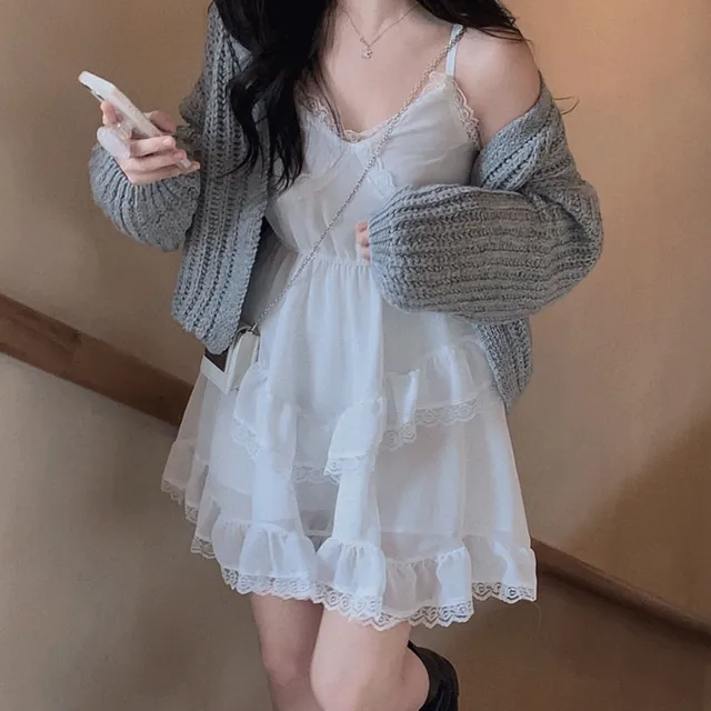 [여리..🤍/✨주문폭주✨]카리나 레이스 언발 캉캉 쉬폰 나시 미니원피스
