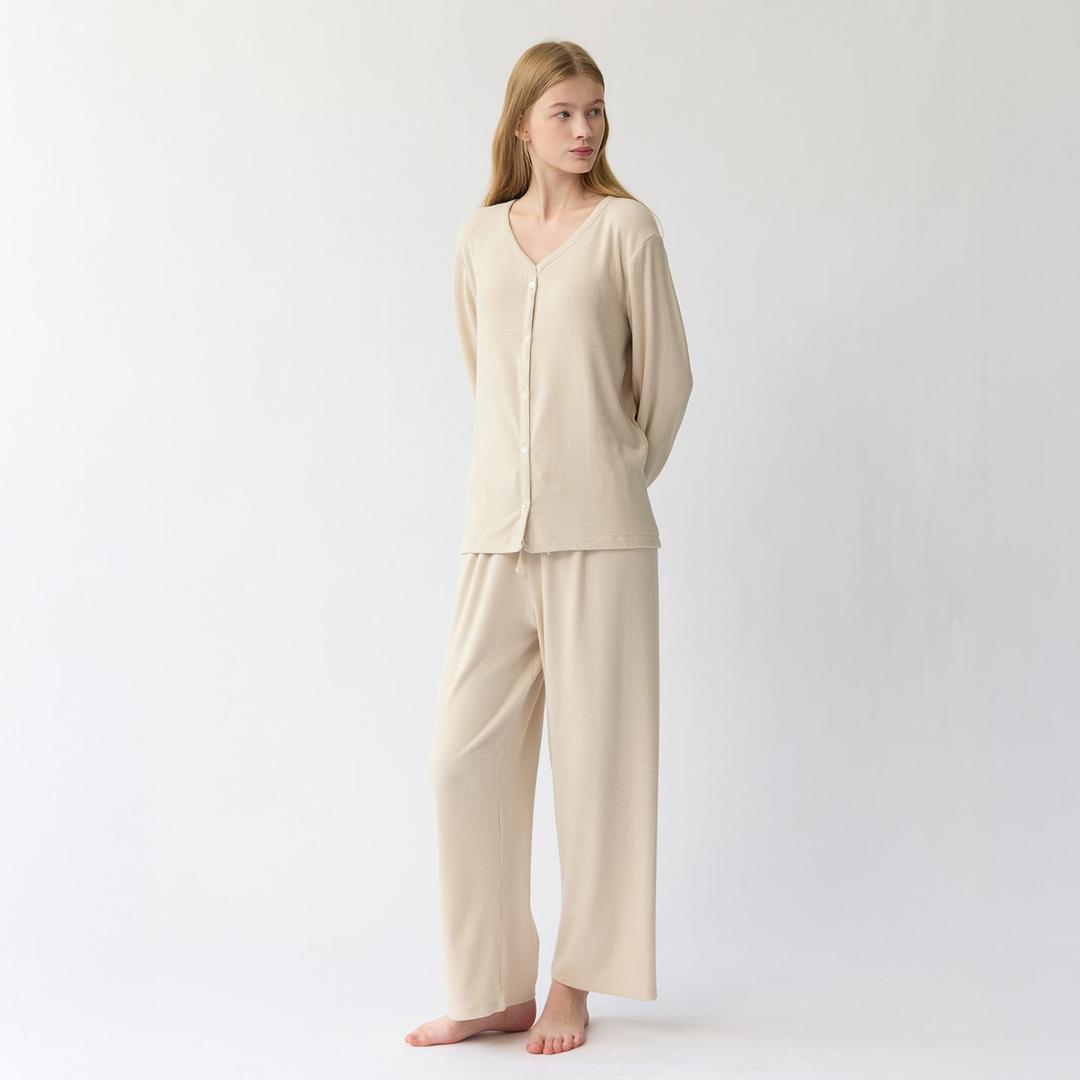 스너그 잔기모 여성 잠옷 세트 홈웨어 골지 파자마 긴팔 긴바지 (2color)