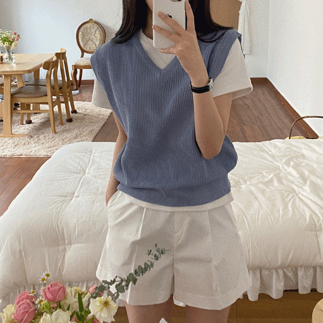 여름 장마 브이넥 크롭 골지 레이어드 니트조끼