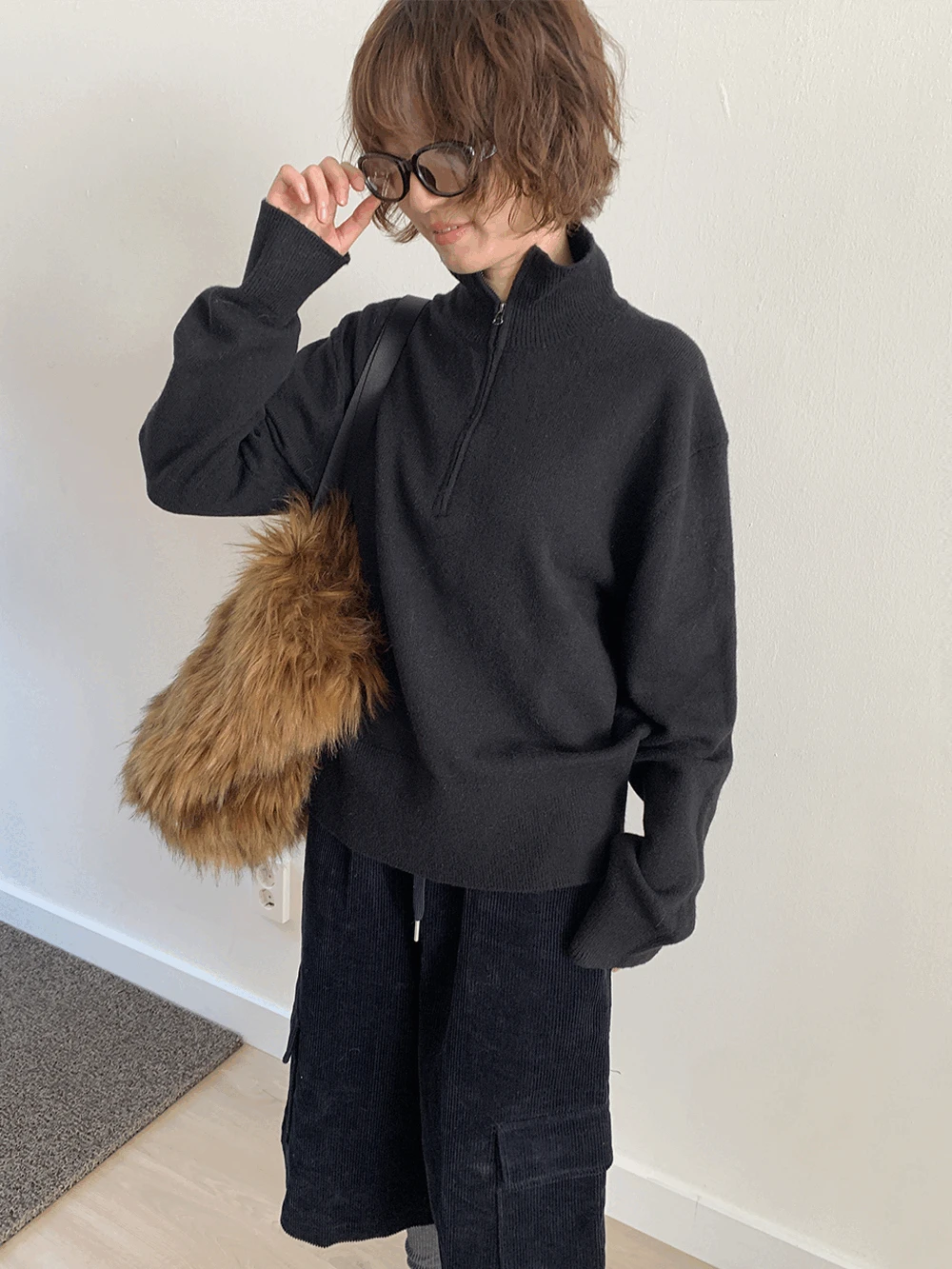 에이커 루즈핏 반목 니트 집업 (4c)