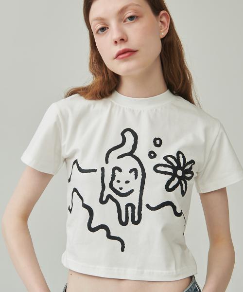 CAT FLOWER CROP T SHIRT WHITE