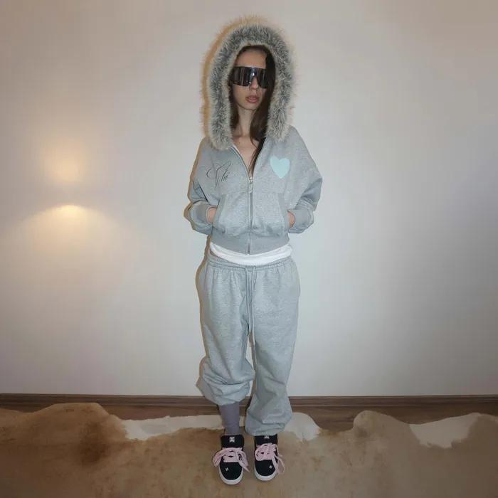 Faux Fur Trimming Hooded Zip-Up Melange Gray