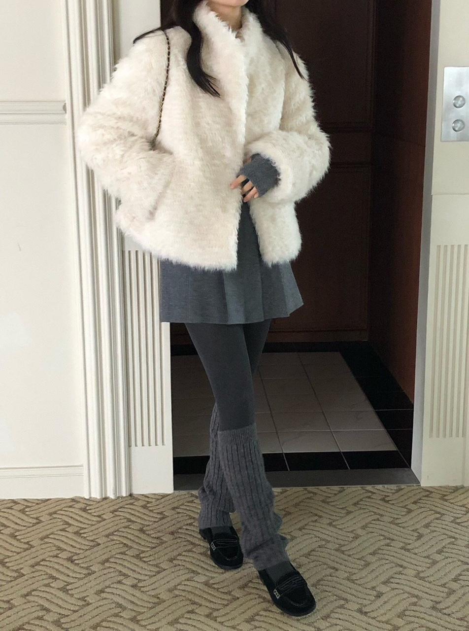 인오어아더 forest 포레스트 울 레오 하이넥 카라 싱글 크롭 퍼 자켓