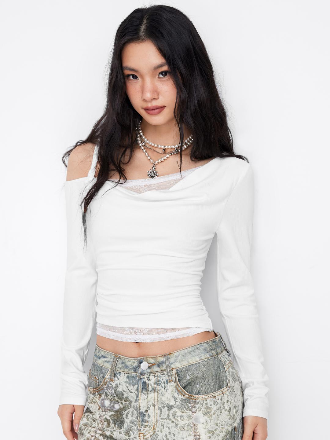 Asymmetrical Neck Long Sleeve Lace Ruched Top
