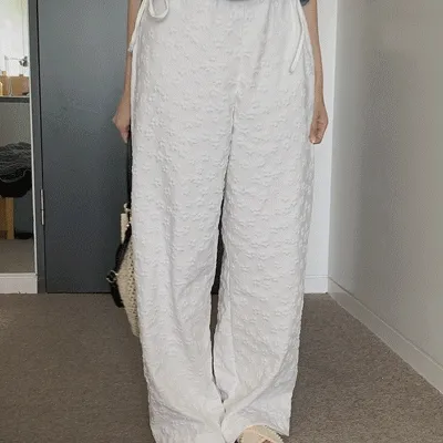 당일발송🚀오브제 플라워 패턴 스트링 와이드팬츠