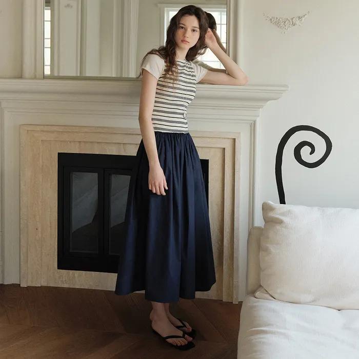 Tia Shirring Maxi Dress (Navy Stripe)