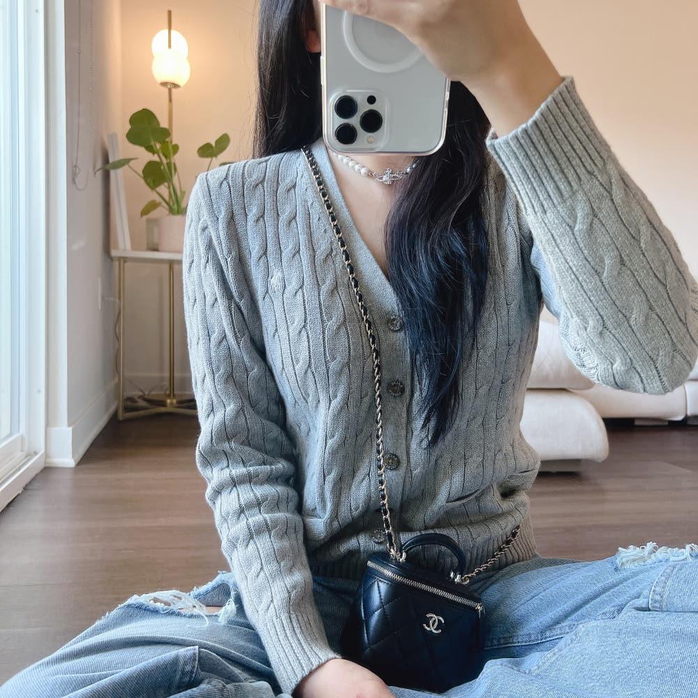 폴로 랄프로렌 브이넥 꽈배기 가디건 (네이비/그레이)