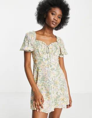Miss Selfridge tie front milkmaid fit and flare mini dress in meadow floral - MULTI | ASOS