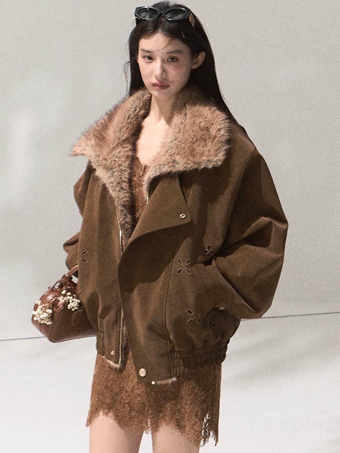 [OAK MOO] "Oak and Hazelnut\" Embroidery Fur Trim Suede Jacket