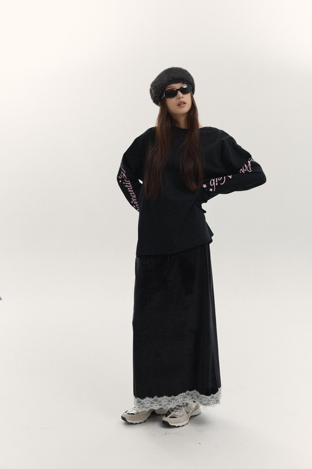 Romantic Velvet Lace Long Skirt (black)