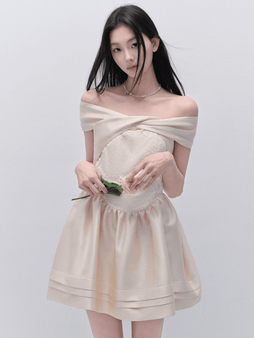 [FRAGILE HEART] My Dream Silky Off-Shoulder Flare Dress