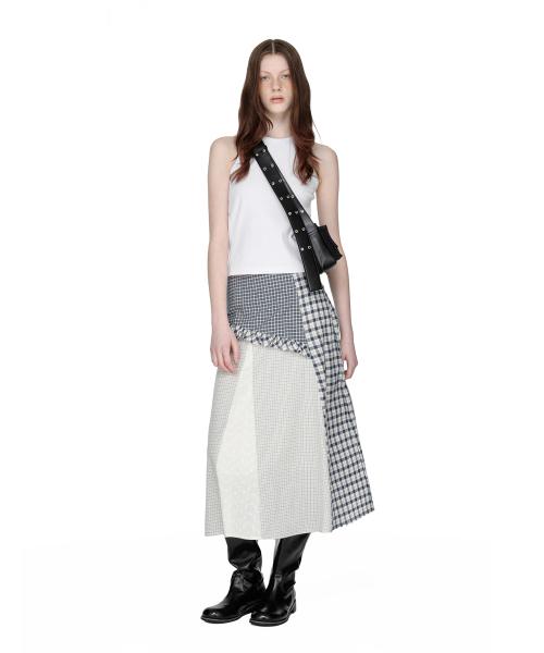 Mixed Check Long Skirt, NAVY