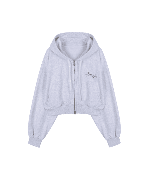 CAT CROP HOOD ZIP UP - LIGHT GRAY