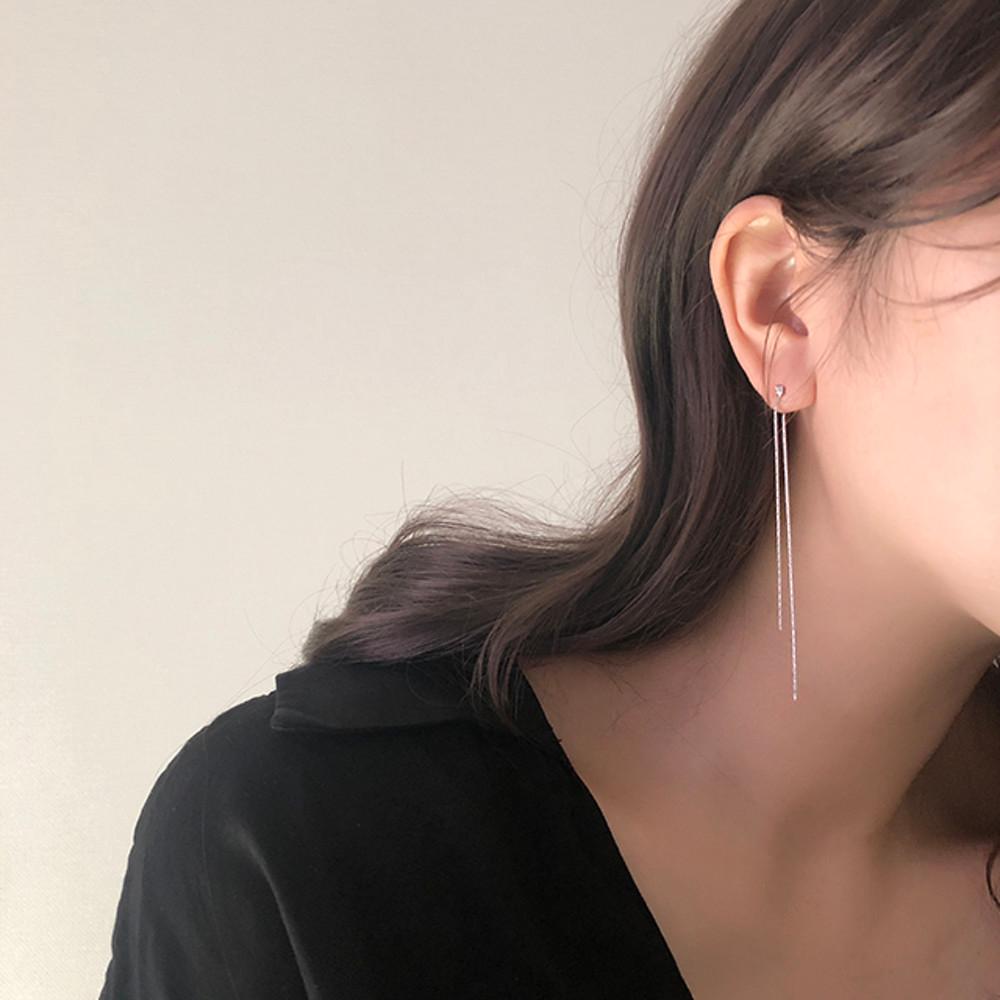 심플 큐빅 체인 두줄 드롭 귀걸이 실버 골드 티타늄