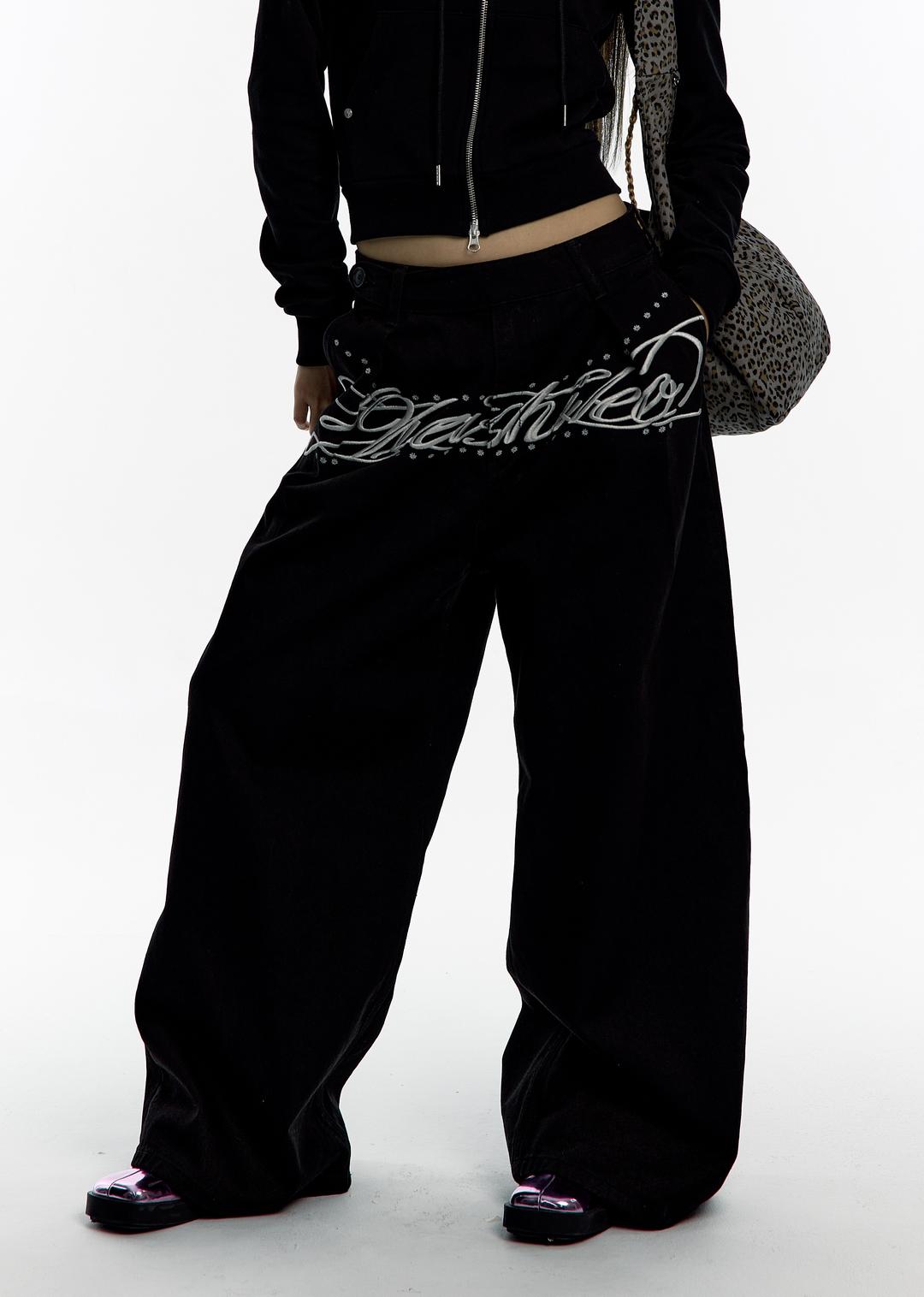 Embroidered Pintuck Wide Pants Black
