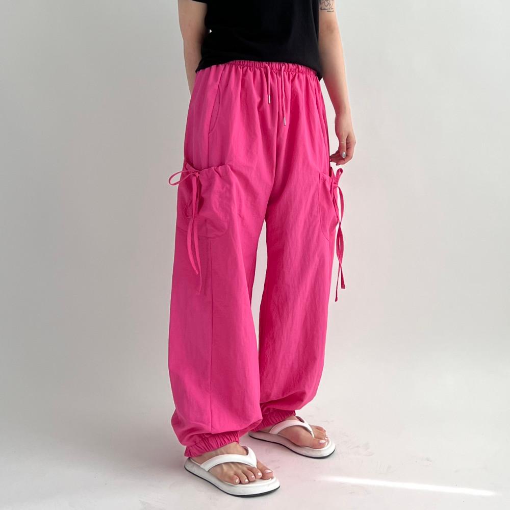 리본 밴딩 얇은 나일론카고팬츠 와이드 바스락팬츠 4color