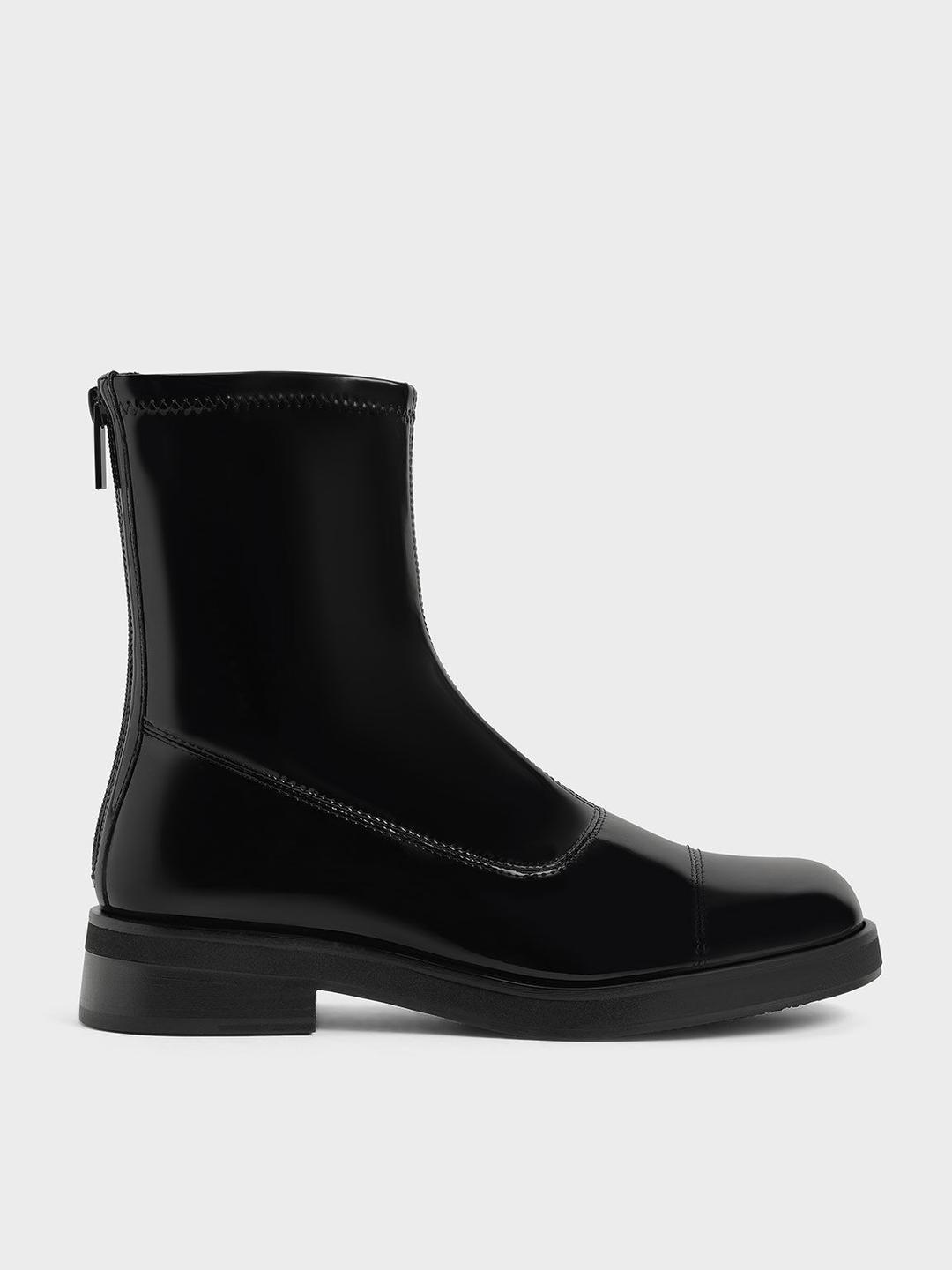 Patent Round Toe Zip-Up Ankle Boots - Black Textured