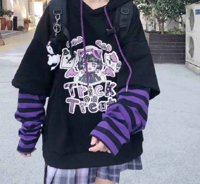 Harajuku Kawaii Fashion Purple Trick or Treat Oversized Sweatshirt - Black / S