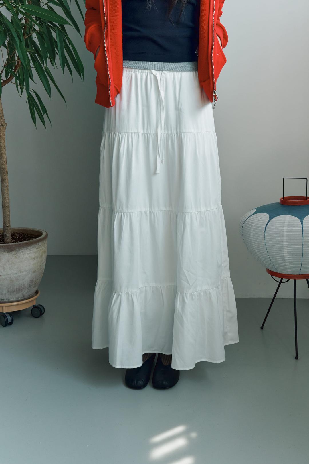 Shirring Tiered Banding Skirts (White)